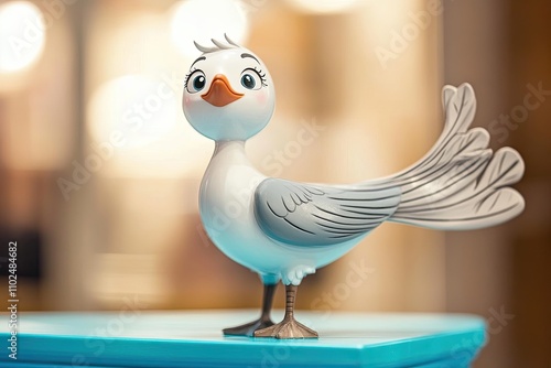 Decorative bird figurine perched on a turquoise table with a soft background blur photo