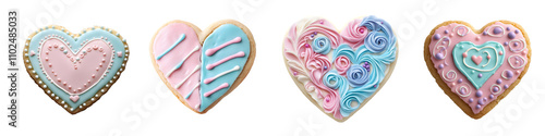 Decorated heart-shaped cookies with pastel-colored icing and intricate floral patterns isolated on a white background