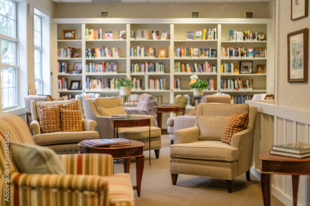 Fototapeta premium Tranquil Nursing Home Library with Cozy Seating and Engaged Residents Reading