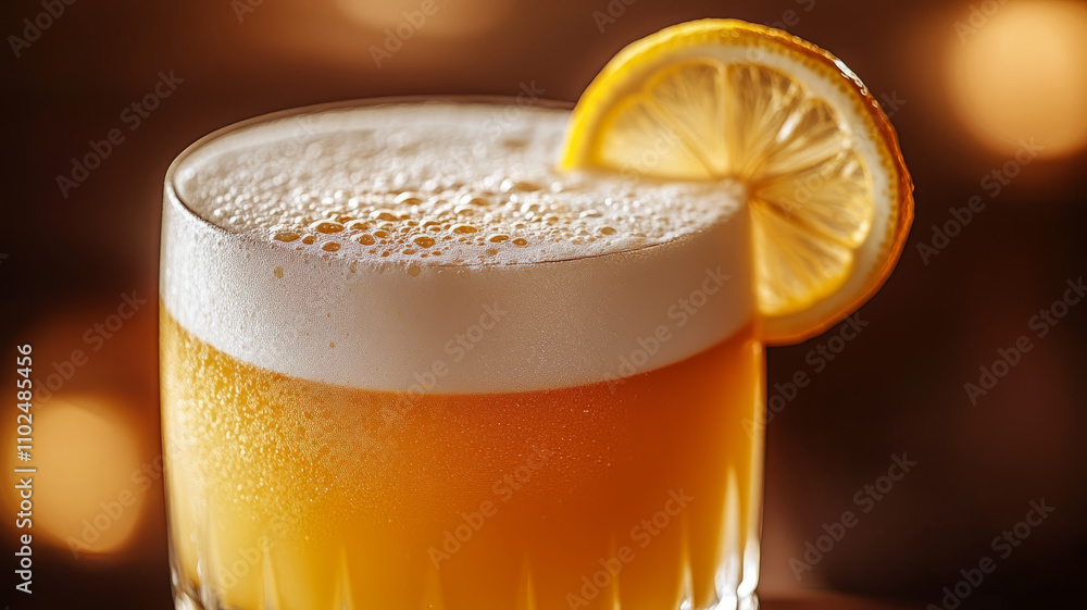 Frothy cocktail with lemon slice on a blurred background Frothy cocktail with lemon slice on a blurred background