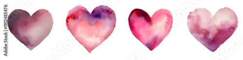 Watercolor-painted heart designs in soft pink and red hues isolated on a white background, png