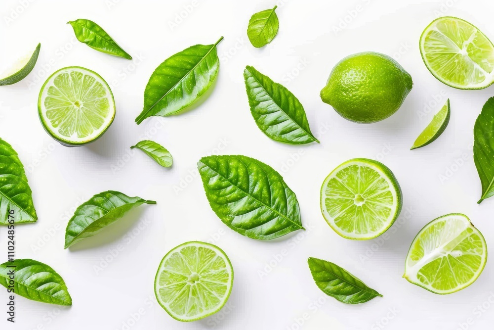 Lime slices and fresh green leaves arranged on a clean white background for a refreshing look Lime slices and fresh green leaves arranged on a clean white background for a refreshing look