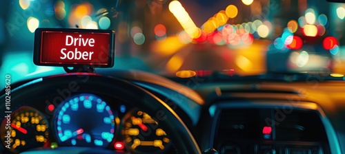 Drive Sober Message on Car Dashboard Promotes Safe Driving Practices with Night City Lights