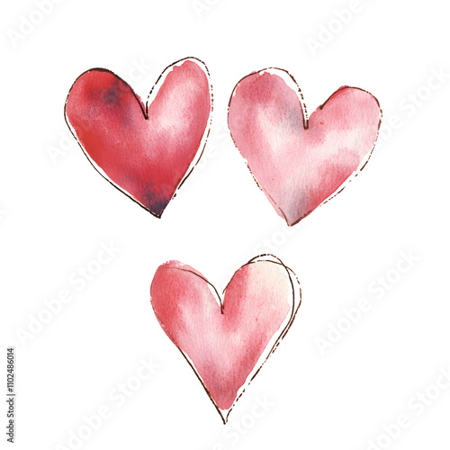 Three watercolor painted red hearts with artistic brush strokes isolated on a white background png