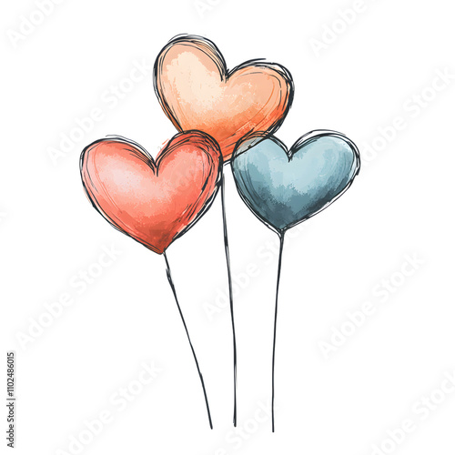 Trio of colorful heart-shaped balloons in orange blue and red tones isolated on a white background png