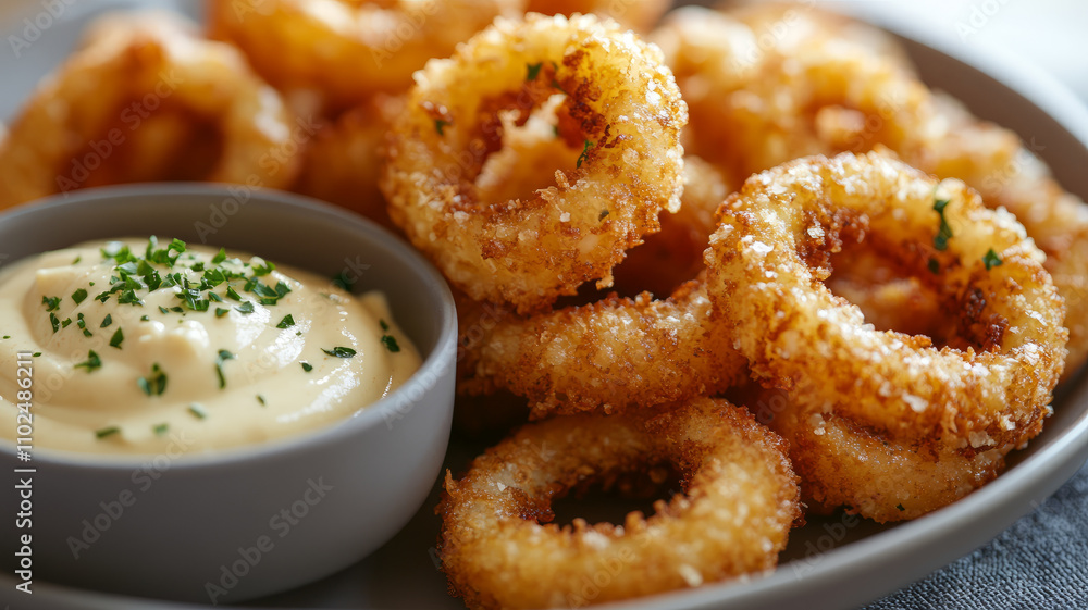 Plate of crispy calamari with dipping sauce. Plate of crispy calamari with dipping sauce.