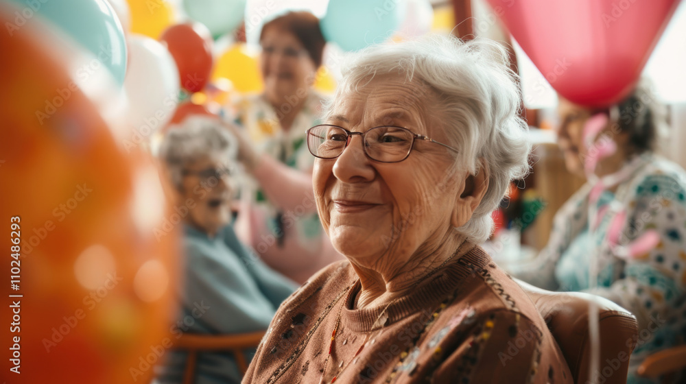 Joyful Retirement Home Celebration with Elderly Residents and Festive Decorations Joyful Retirement Home Celebration with Elderly Residents and Festive Decorations