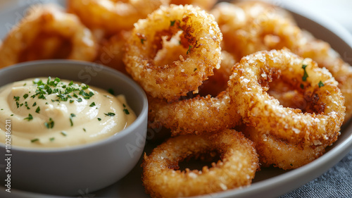 Plate of crispy calamari with dipping sauce.