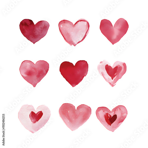 Nine pink and red watercolor heart illustration in artistic brushstroke style isolated on a white background png