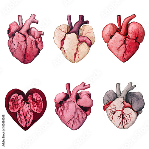 Six anatomically detailed artistic heart illustration in various shade of red isolated on a white background png