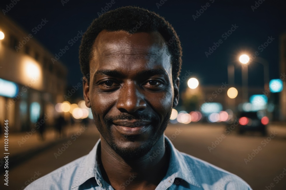 Close portrait of a smiling 40s Sudanese man looking at the camera, Sudanese city outdoors at night blurred background Close portrait of a smiling 40s Sudanese man looking at the camera, Sudanese city outdoors at night blurred background