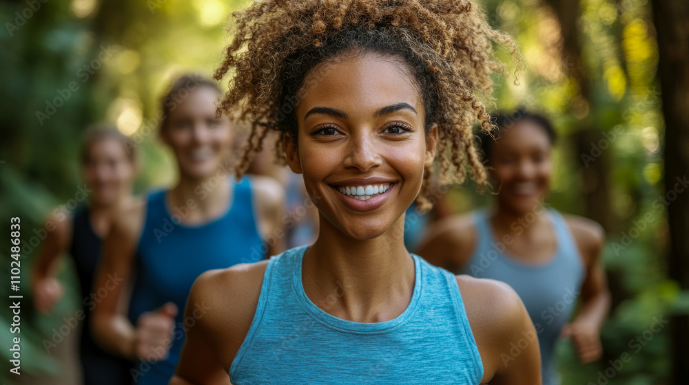 Participants enjoy a spirited group run through a vibrant forest, showcasing camaraderie and joy in their workout routine Participants enjoy a spirited group run through a vibrant forest, showcasing camaraderie and joy in their workout routine