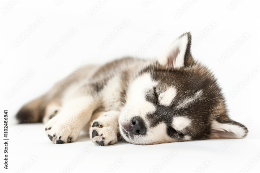 An adorable Alaskan husky puppy rests soundly, eyes closed, on a soft white surface, embodying tranquility and warmth in the afternoon light An adorable Alaskan husky puppy rests soundly, eyes closed, on a soft white surface, embodying tranquility and warmth in the afternoon light