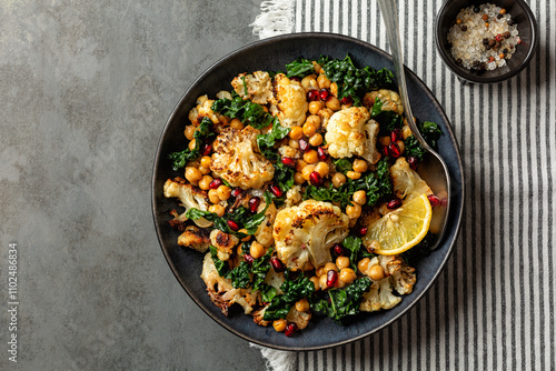 Roasted Cauliflower and roasted chickpeas salad, with pomegranate, kale, with spices, oil and lemon dressing. Vegetable winter season food on a darl table directly above. photo