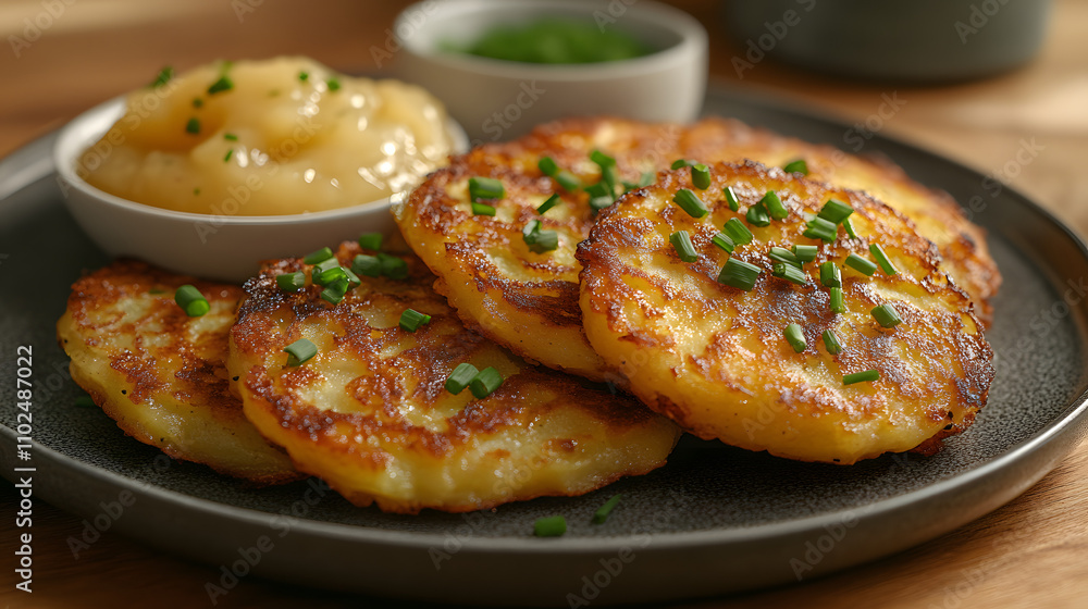 A Heartwarming Kitchen Setting Featuring Homemade Crispy Potato Latkes with Fresh Applesauce A Heartwarming Kitchen Setting Featuring Homemade Crispy Potato Latkes with Fresh Applesauce