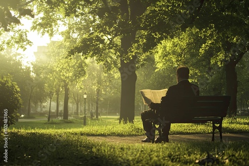 Man reads newspaper on sunny park bench.