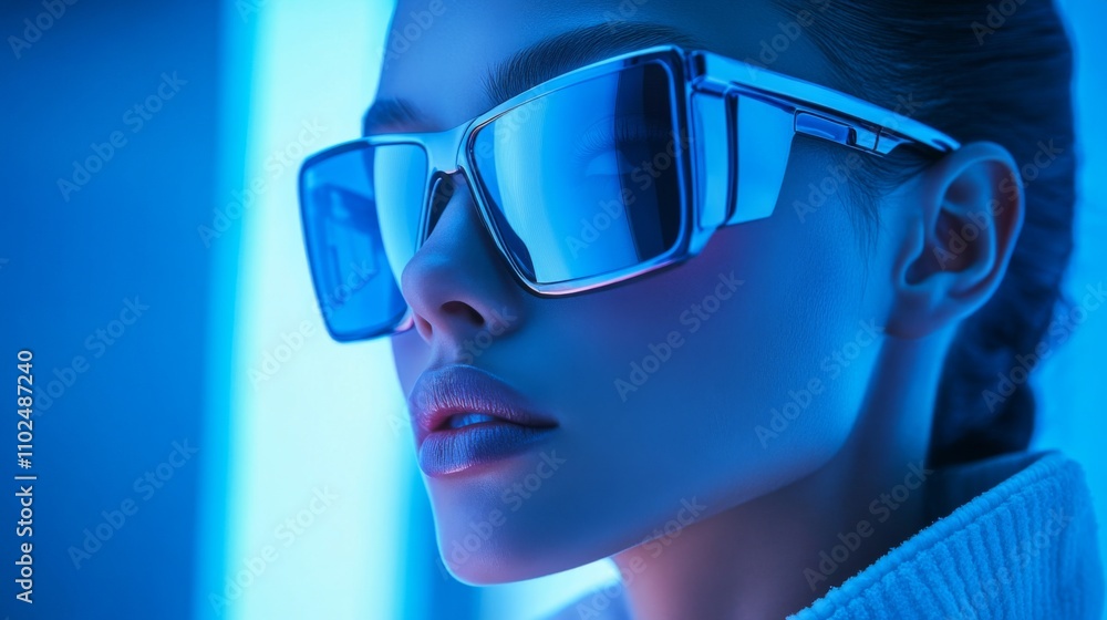 Side profile of a futuristic woman in reflective eyewear against a neon blue background Side profile of a futuristic woman in reflective eyewear against a neon blue background