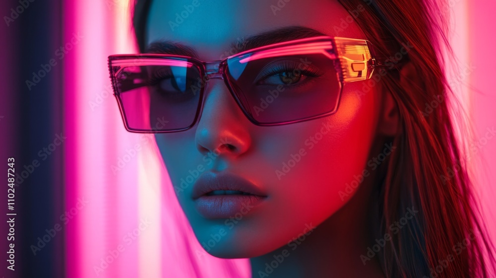 Stylish woman in neon pink sunglasses illuminated by vibrant lighting against a dark background Stylish woman in neon pink sunglasses illuminated by vibrant lighting against a dark background