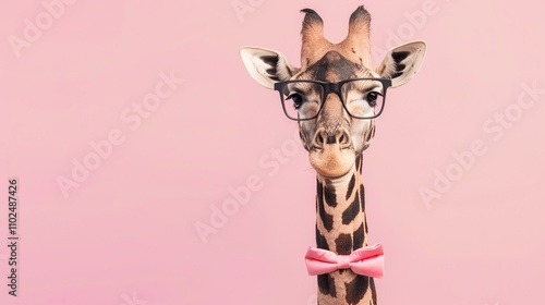 A giraffe wearing glasses and a bow tie looks directly at the camera. photo