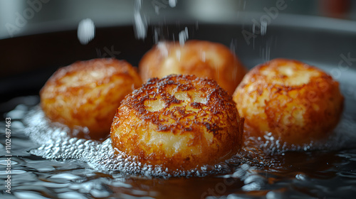 Delicious Close-Up of Crispy Golden Potato Latkes Frying in Sizzling Oil for Perfect Crunch photo