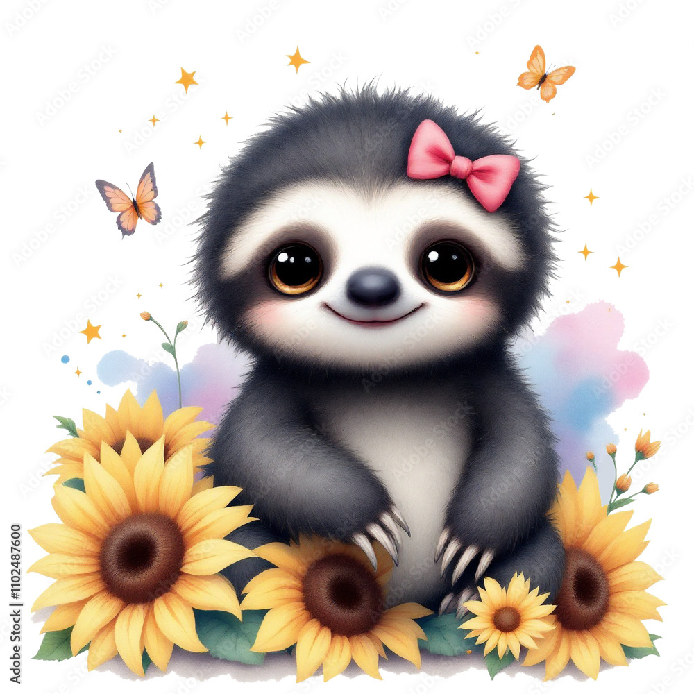 A cute sloth with a pink bow sits surrounded by sunflowers A cute sloth with a pink bow sits surrounded by sunflowers