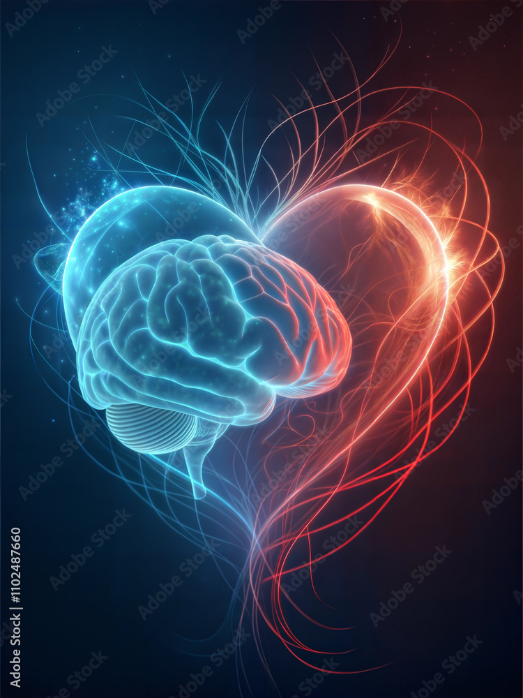Blue brain in heart shape with energy lines Blue brain in heart shape with energy lines