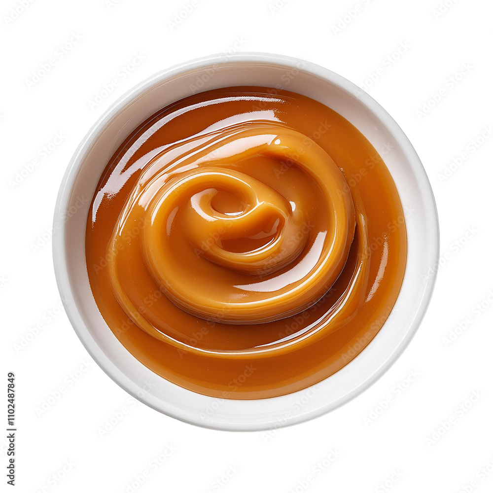 Smooth Creamy Caramel Sauce in a White Bowl Isolated on a Transparent Background, Perfect for Food Photography, Dessert, and Culinary Creations