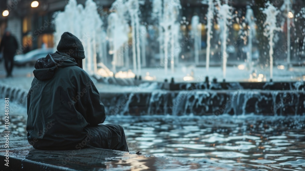 Contemplation by the Fountain: A Homeless Individual's Solitary Moment in Urban Setting Contemplation by the Fountain: A Homeless Individual's Solitary Moment in Urban Setting