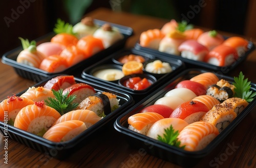 A beautifully arranged sushi platter showcases an array of vibrant nigiri and rolls, featuring fresh fish like salmon, tuna, and shrimp, garnished with wasabi and pickled ginger for an exquisite dinin photo