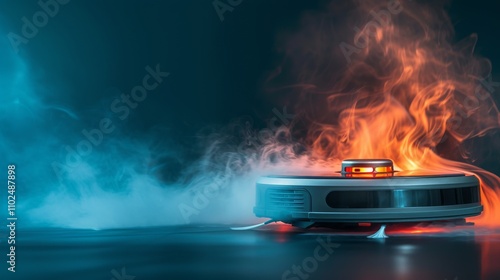 A high-impact image of a robotic vacuum in flames, surrounded by thick smoke, symbolizing a dangerous malfunction or overheating issue in smart home technology. AI generated.