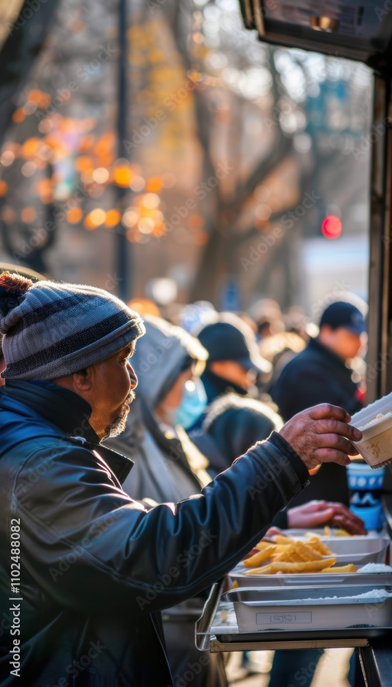 Community Outreach Food Truck Offering Warm Meals to Homeless Individuals on a Cold Day