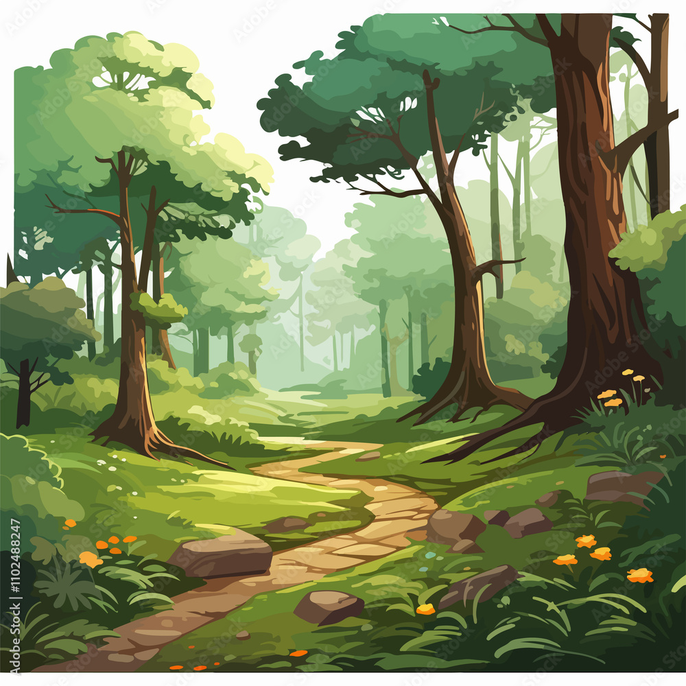 Fototapeta premium Enchanting Forest Trail Illustration with Lush Greenery and Sunlight
