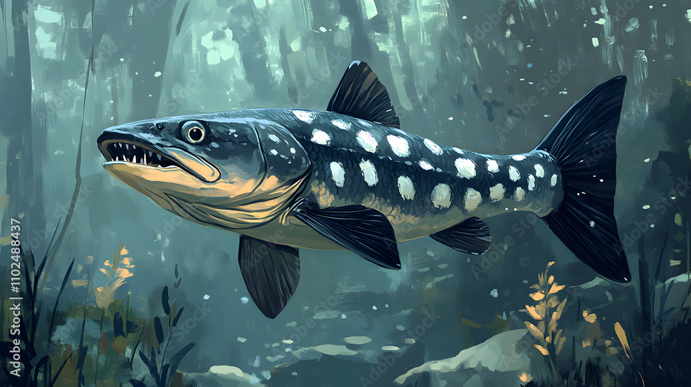 Fototapeta premium An Aquatic Scene Featuring a Pike Swimming Gracefully Through Clear Water in Nature