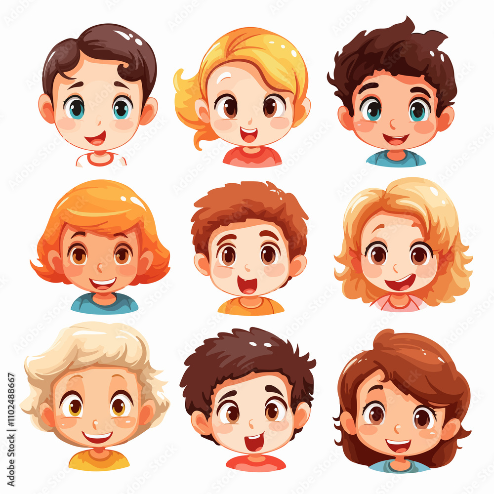 Cute Kids Faces Illustration on White Background Cute Kids Faces Illustration on White Background
