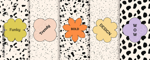 Vector seamless patterns collection with dots, spots, terrazzo stone texture. Set of minimal background swatches with funky retro labels, frames, logo. Abstract  design. Trending design for decor