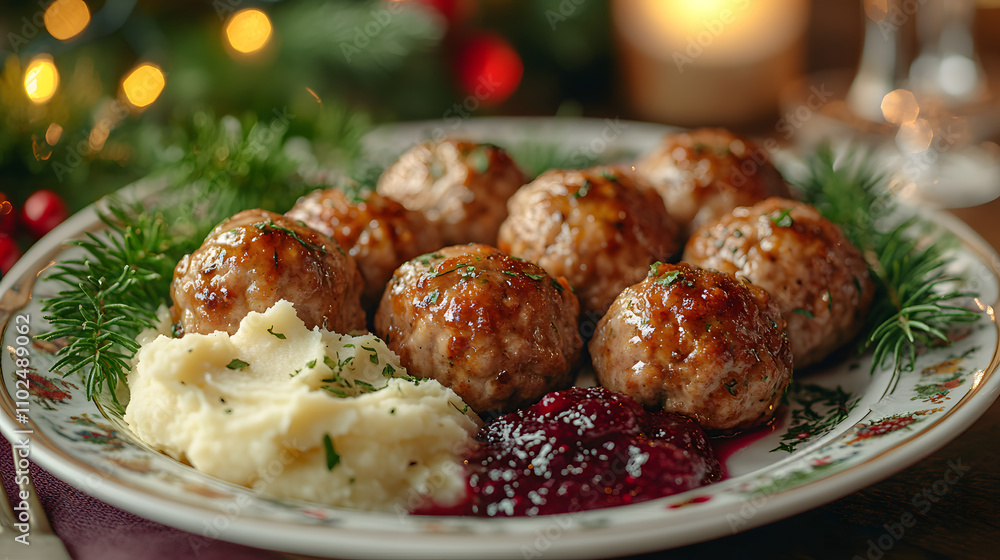 Delicious Presentation of Traditional Swedish Meatballs with Lingonberry Jam and Creamy Mashed Potatoes for the Holidays Delicious Presentation of Traditional Swedish Meatballs with Lingonberry Jam and Creamy Mashed Potatoes for the Holidays