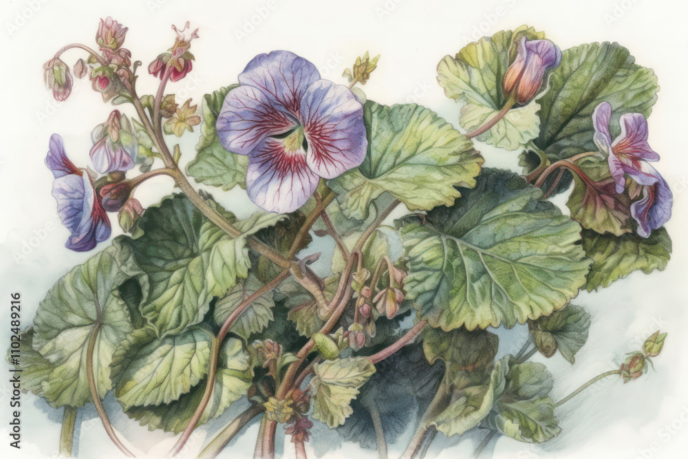 Obraz premium delicate botanical drawing of a flowering plant. The main attention is paid to the details of the leaves and flowers.