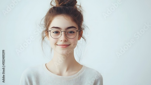 Cinematic scene.Young girl with eyeglasses. Smiling. on white background