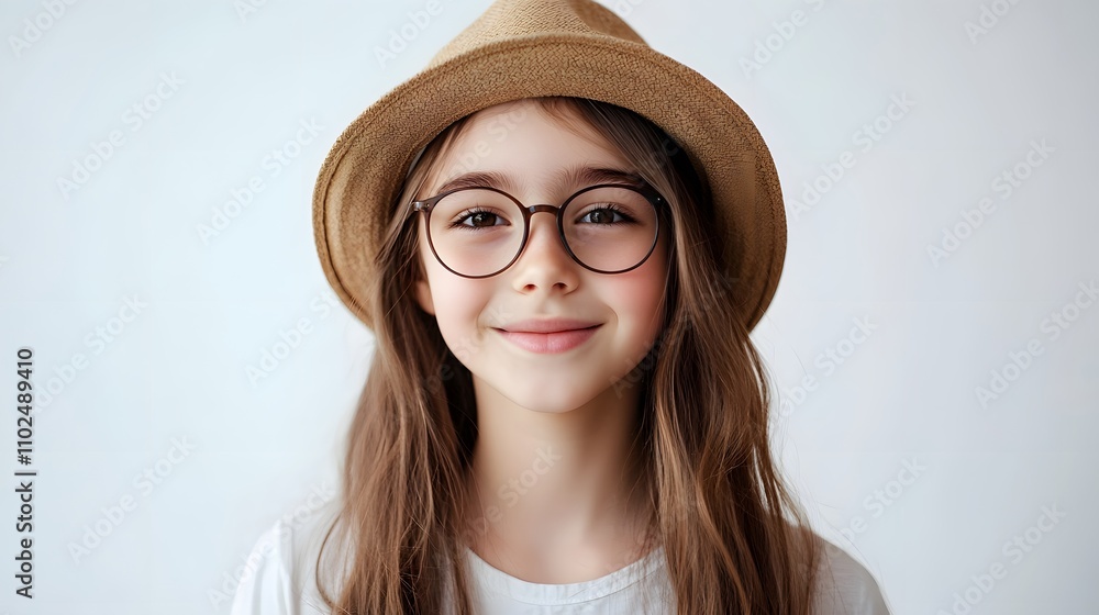 Cinematic scene.Young girl with eyeglasses. Smiling. on white background Cinematic scene.Young girl with eyeglasses. Smiling. on white background