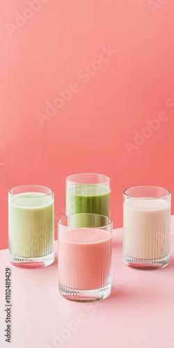 Refreshing mixed color smoothies in vintage glasses against a pale red background, highlighting vibrant flavors