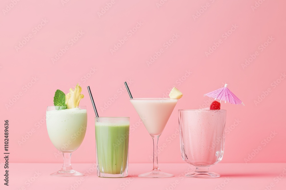 Colorful smoothies in various glass shapes on a minimalistic vintage setup against a pale red background Colorful smoothies in various glass shapes on a minimalistic vintage setup against a pale red background