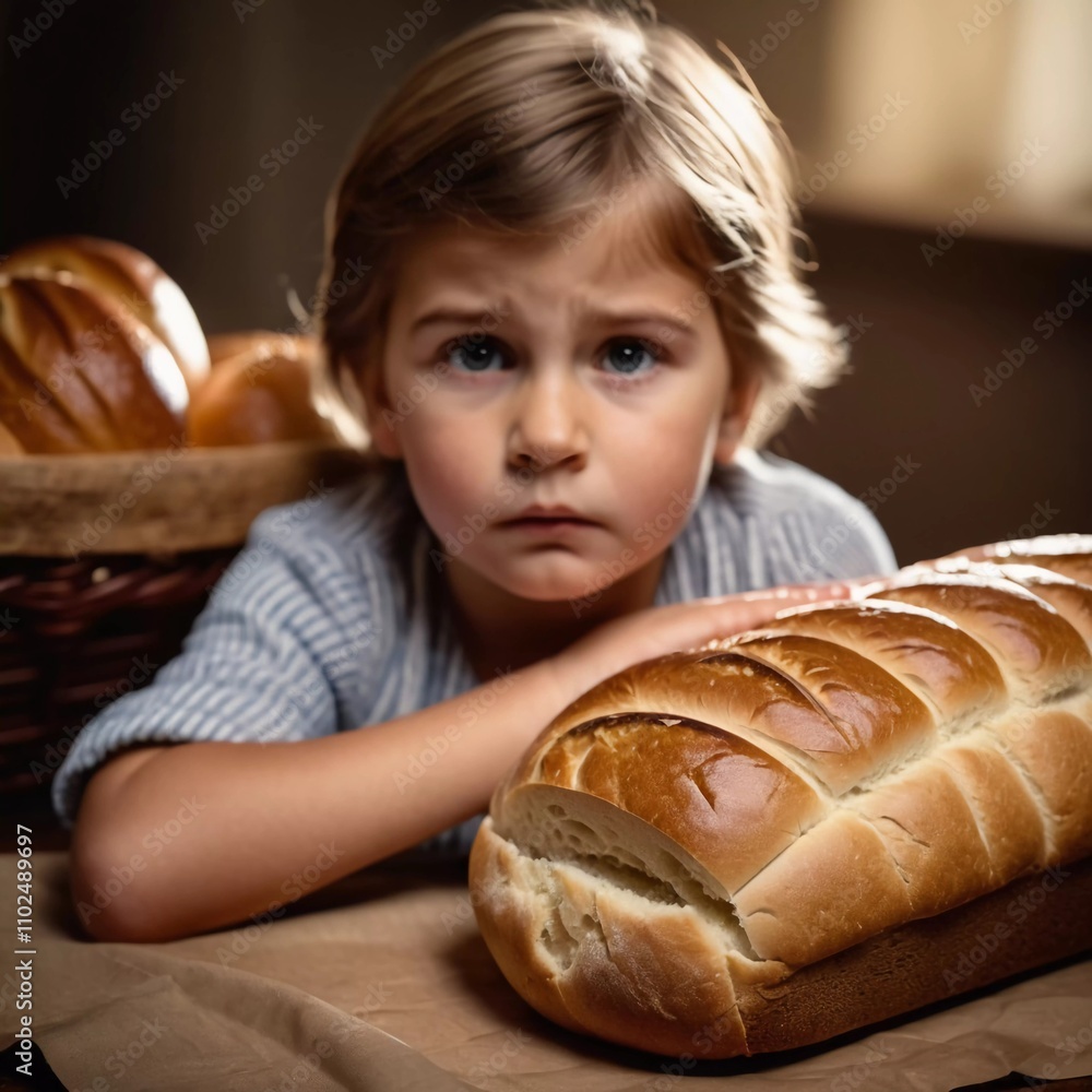 A young child shows disappointment while looking at a freshly baked loaf of bread in a softly lit room. The atmosphere is warm yet contrasts with the child's unhappy expression. Generative AI A young child shows disappointment while looking at a freshly baked loaf of bread in a softly lit room. The atmosphere is warm yet contrasts with the child's unhappy expression. Generative AI