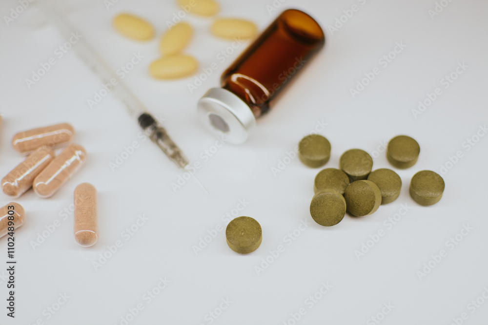 A syringe with a thin sharp needle, an injection ampoule and multi-colored pills A syringe with a thin sharp needle, an injection ampoule and multi-colored pills