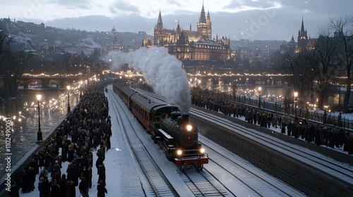 A steam train from the Victorian era embarks with passengers in a snow-covered city illuminated by warm, golden building lights photo