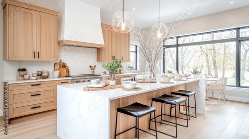 Modern kitchen with natural wood cabinets, white marble countertops, and unique pottery décor in a bright and open space