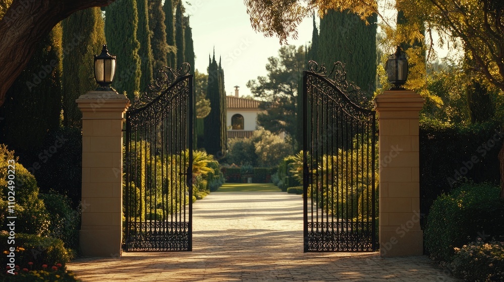 A beautifully crafted double iron gate with intricate patterns, leading into a luxurious estate surrounded by manicured gardens. A beautifully crafted double iron gate with intricate patterns, leading into a luxurious estate surrounded by manicured gardens.