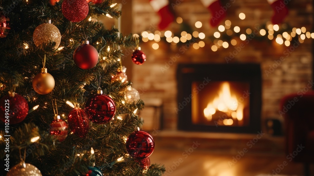 A beautifully decorated Christmas tree adorned with twinkling lights and colorful ornaments, set against a cozy living room with a warm fireplace glowing in the background. A beautifully decorated Christmas tree adorned with twinkling lights and colorful ornaments, set against a cozy living room with a warm fireplace glowing in the background.