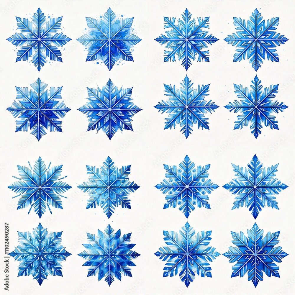 Set of four watercolor blue snowflakes isolated on white. Hand painted winter illustration. Perfect for cards, invitation, banners Set of four watercolor blue snowflakes isolated on white. Hand painted winter illustration. Perfect for cards, invitation, banners