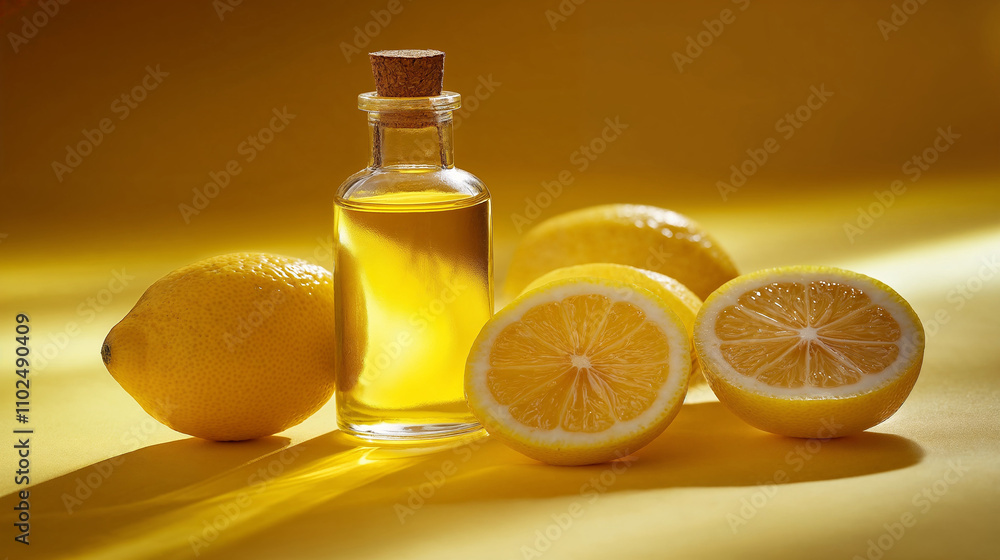A bottle of aromatherapy essential oil with fresh lemon fruit on yellow background A bottle of aromatherapy essential oil with fresh lemon fruit on yellow background