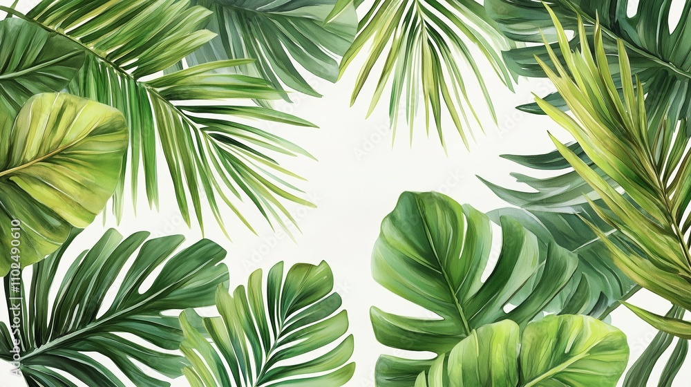 Palm leaves set in isolated background, watercolor botanical painting Palm leaves set in isolated background, watercolor botanical painting